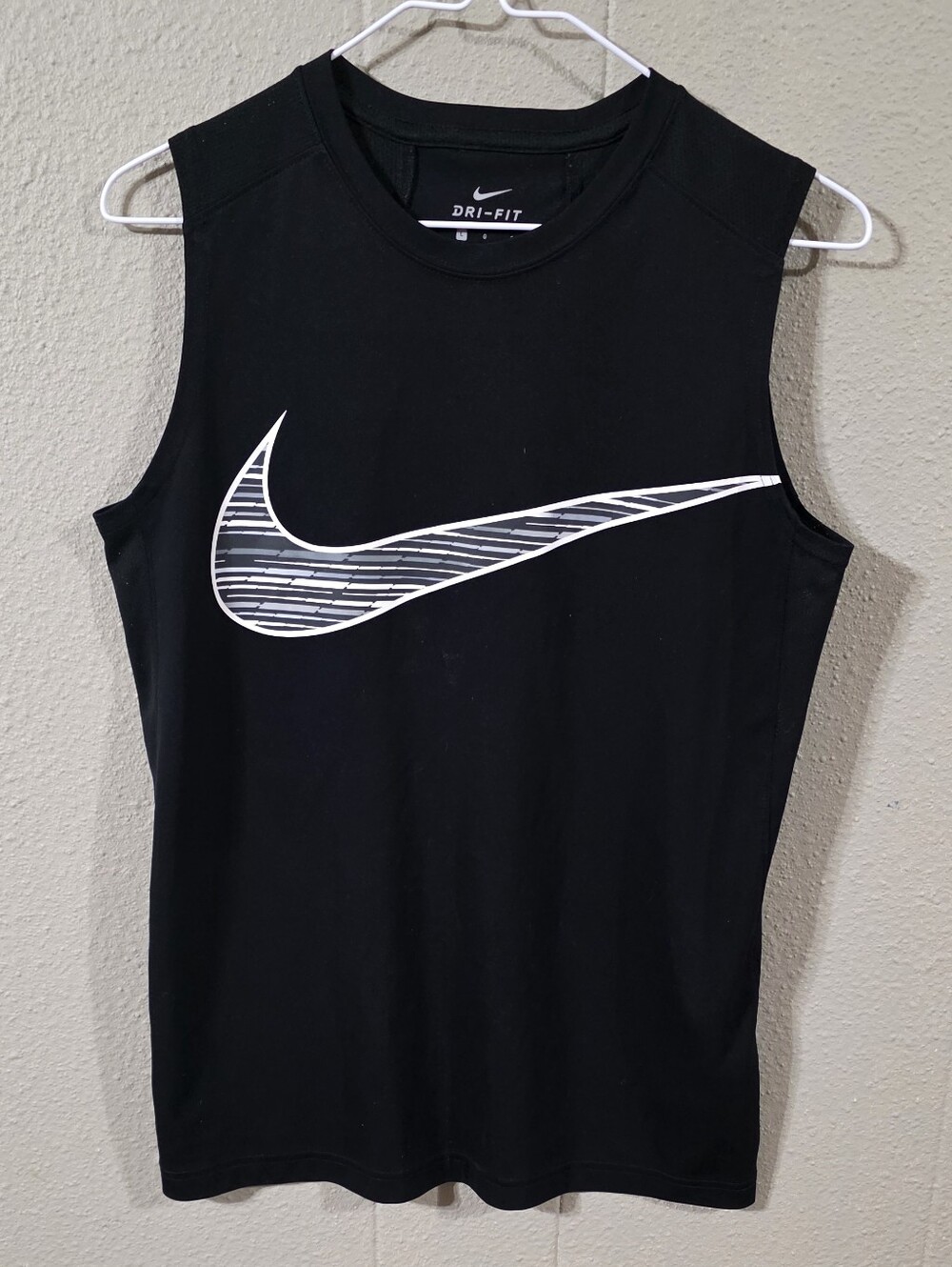 Boys Nike Dri-fit Black Sleeveless Tank with White & Gray Striped Swoosh Sz L